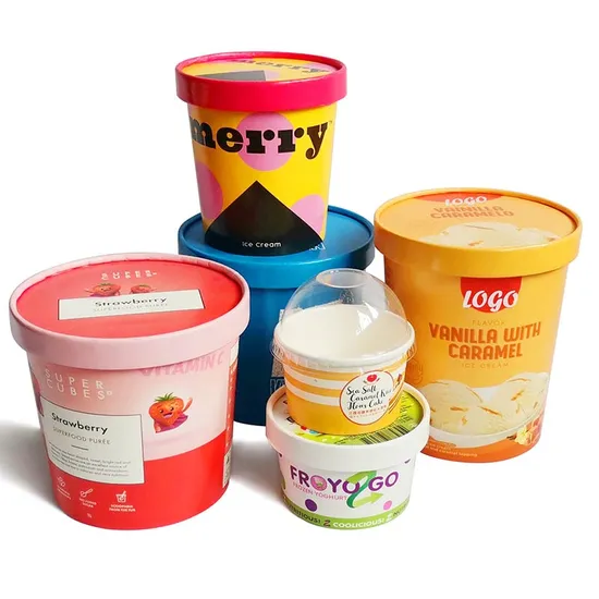 Custom Printed Gelato White Ice Cream Paper Cup with Lid and Spoon 